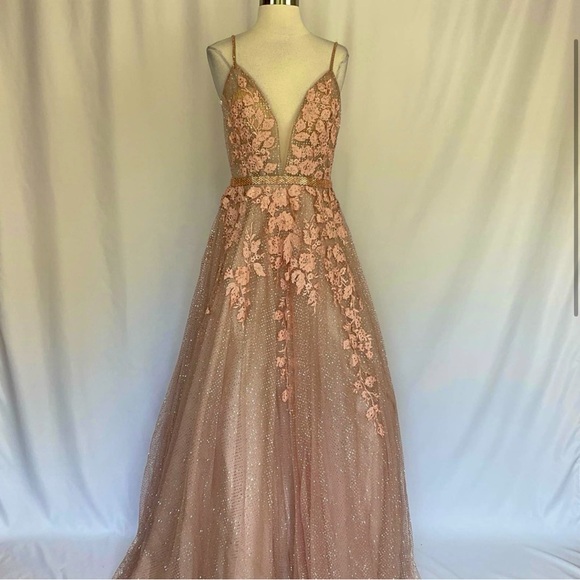 Jovani Women's Formal Dress Size 6 Pink Rose Gold Sequined Tulle Backless Gown - Picture 2 of 11
